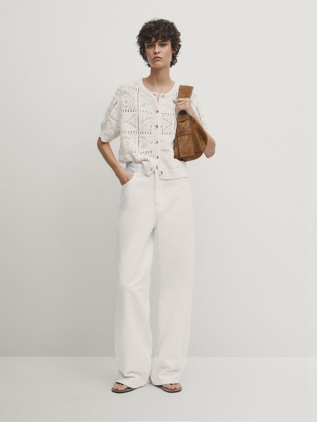 Massimo Dutti Short Sleeve Open-knit Women Cardigan Cream | US-FU6957281