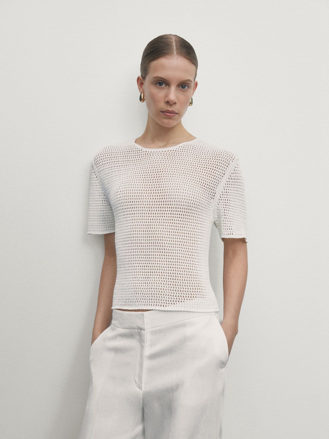 Massimo Dutti Short Sleeve Open-knit Women Sweater White | US-BW9640371