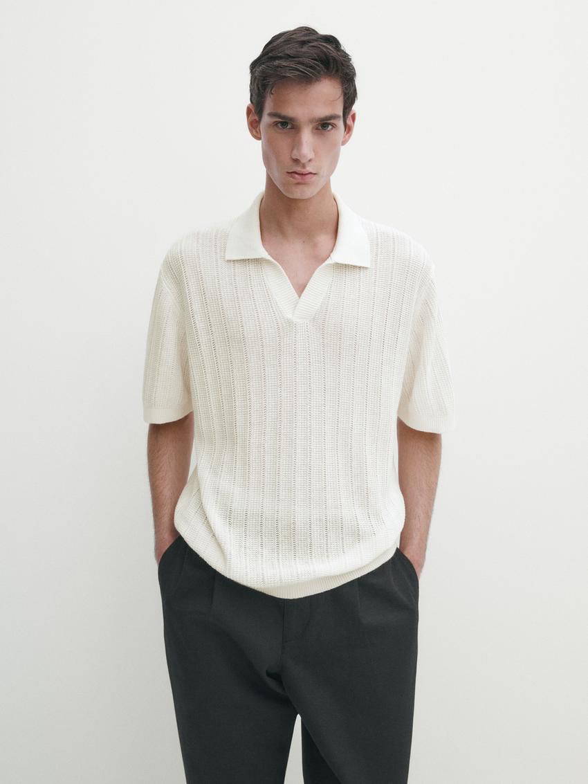 Massimo Dutti Short Sleeve Rib Sweater Men Polo Shirt Cream | US-RF7816059
