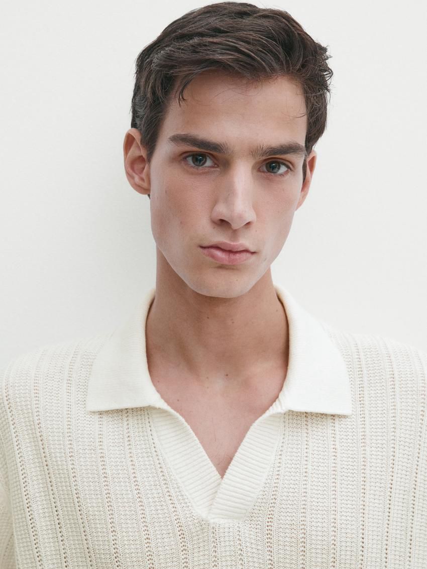 Massimo Dutti Short Sleeve Rib Sweater Men Polo Shirt Cream | US-RF7816059