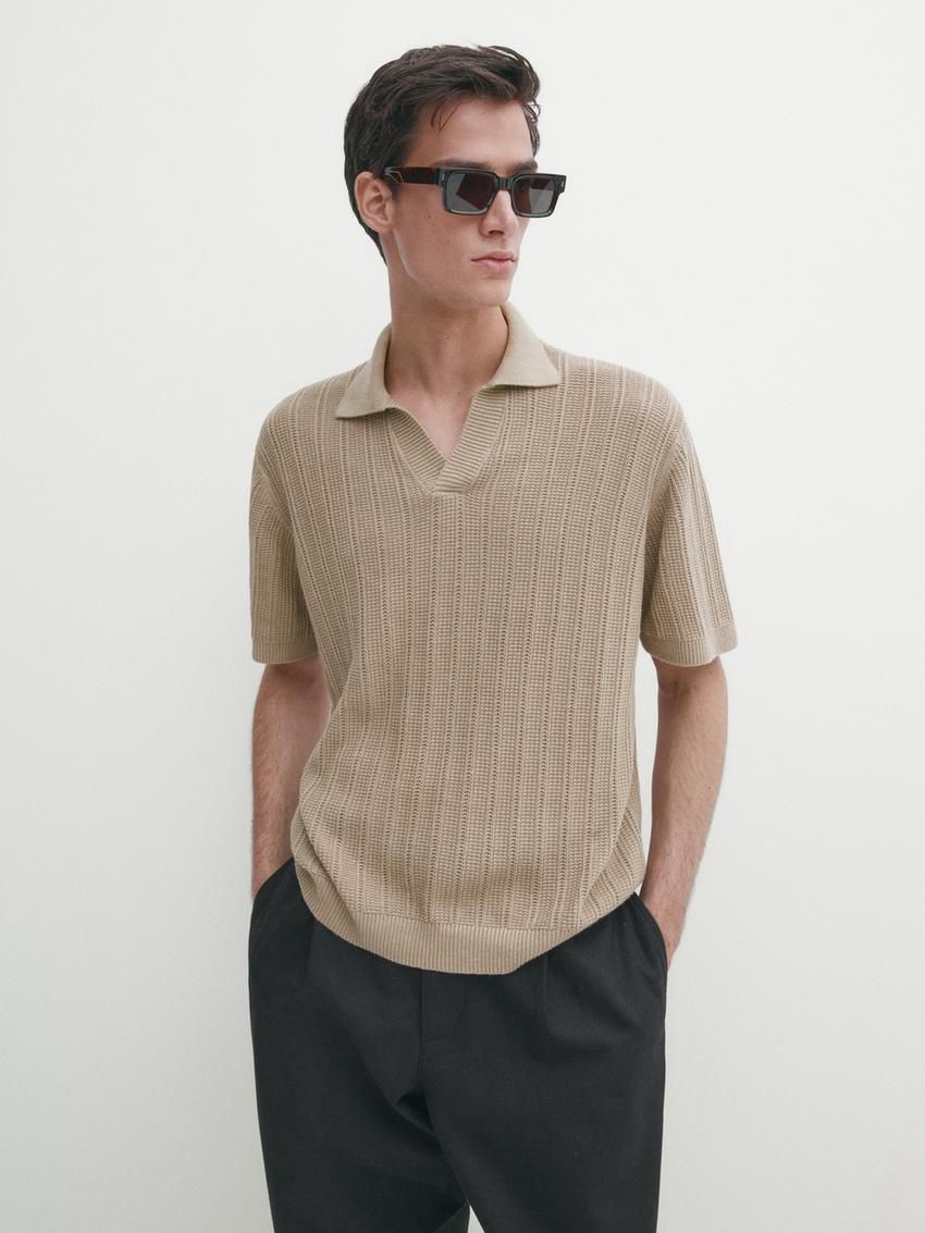 Massimo Dutti Short Sleeve Rib Sweater Men Polo Shirt Brown Beige | US-KB4902781