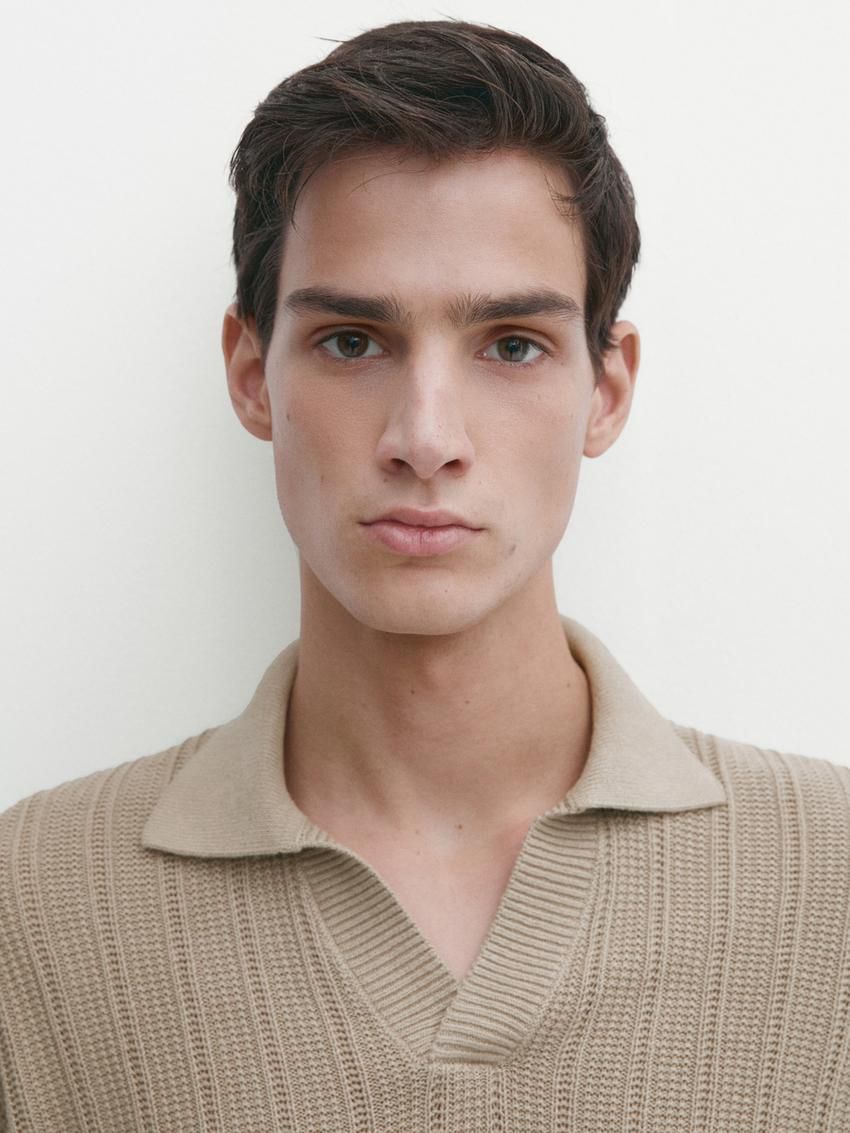 Massimo Dutti Short Sleeve Rib Sweater Men Polo Shirt Brown Beige | US-KB4902781