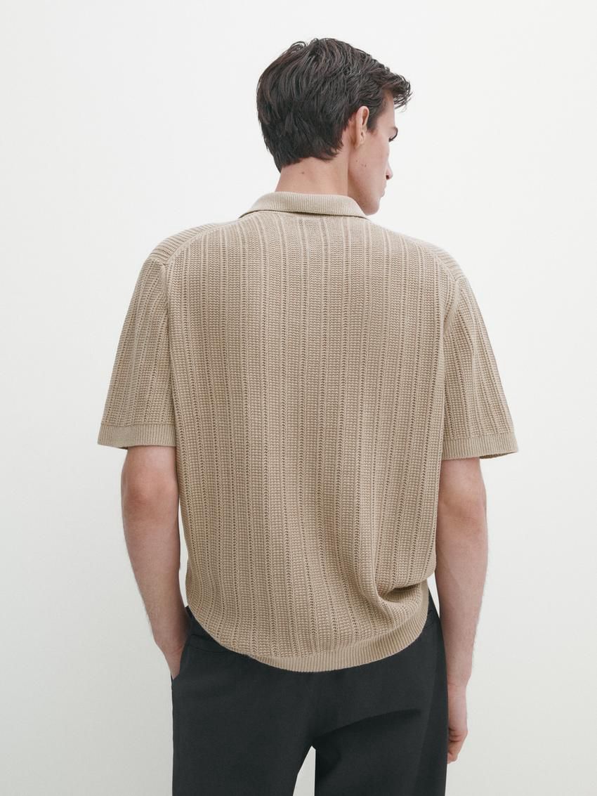Massimo Dutti Short Sleeve Rib Sweater Men Polo Shirt Brown Beige | US-KB4902781