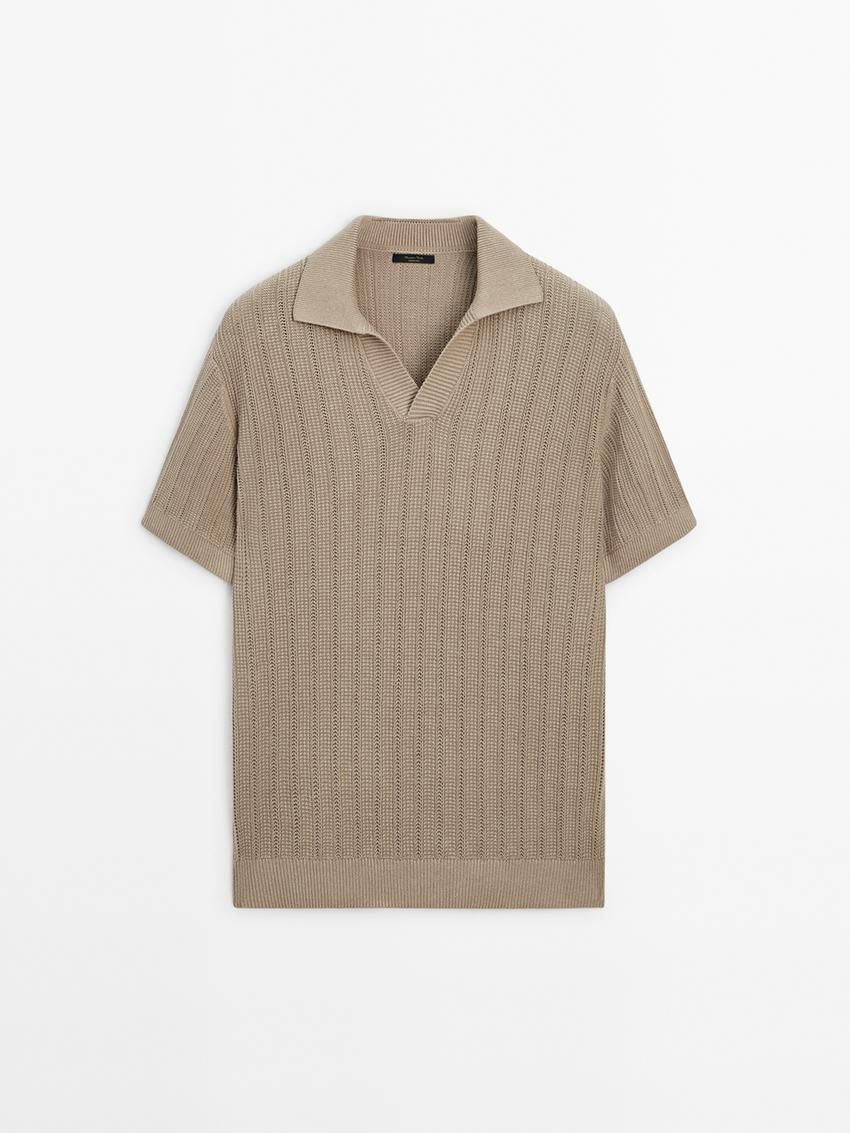 Massimo Dutti Short Sleeve Rib Sweater Men Polo Shirt Brown Beige | US-KB4902781