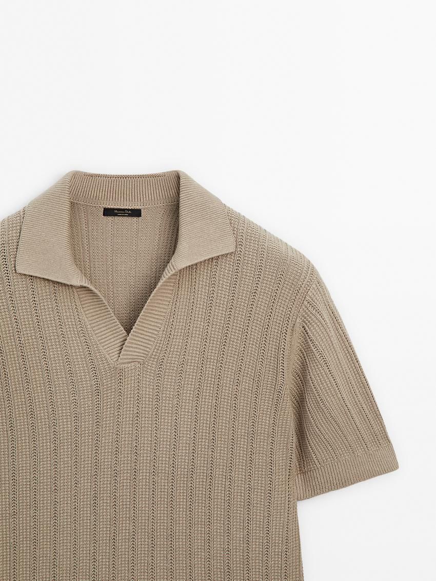 Massimo Dutti Short Sleeve Rib Sweater Men Polo Shirt Brown Beige | US-KB4902781