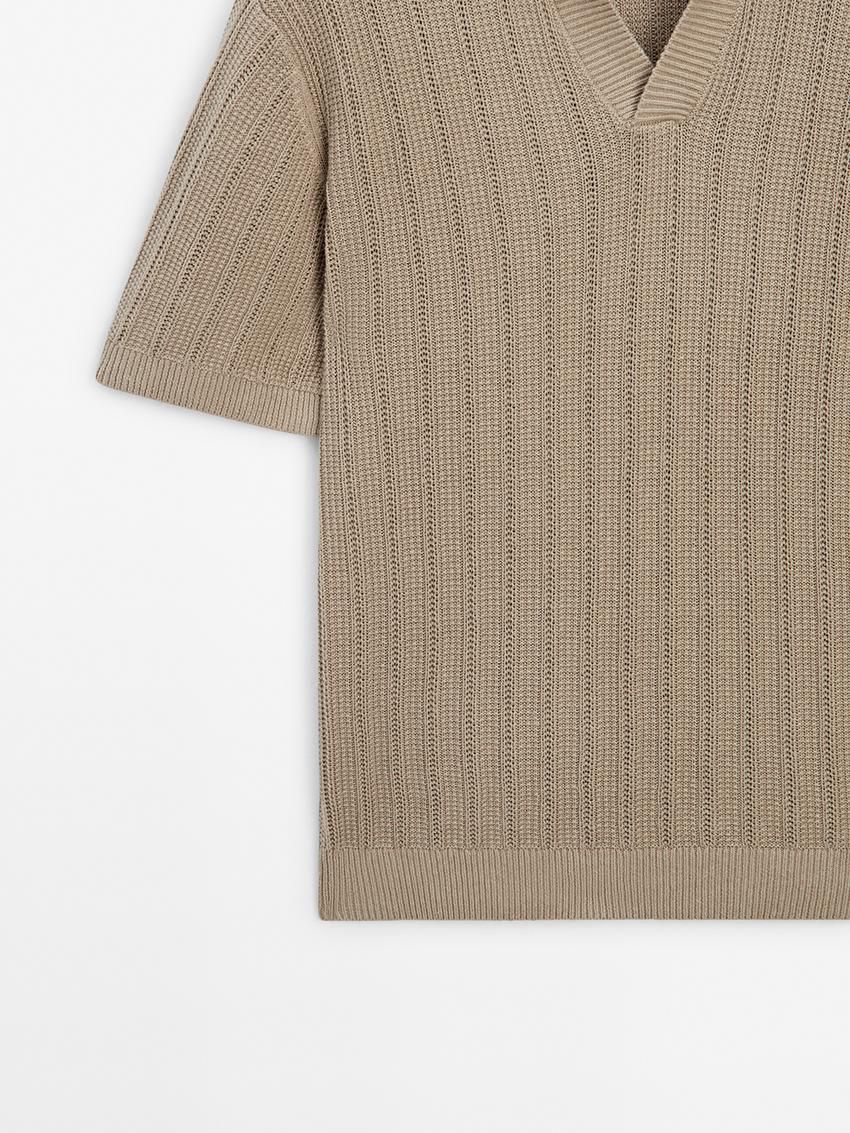 Massimo Dutti Short Sleeve Rib Sweater Men Polo Shirt Brown Beige | US-KB4902781