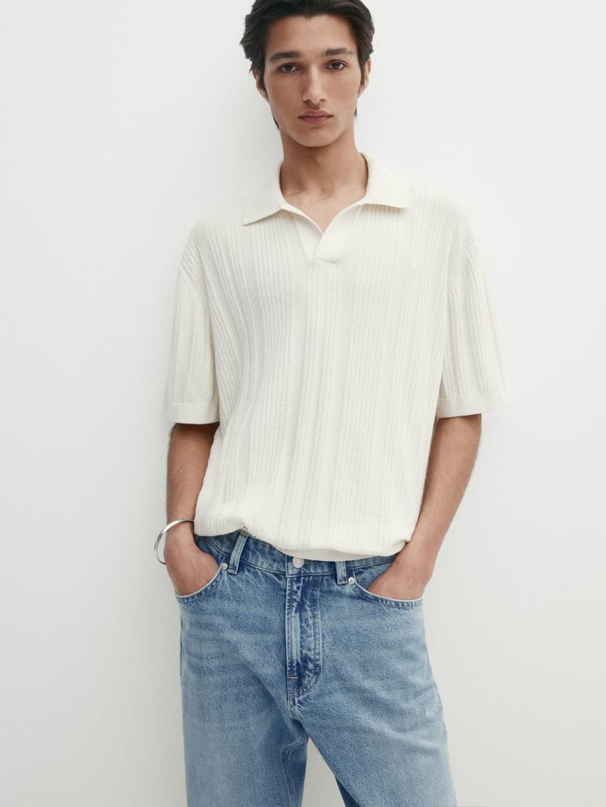 Massimo Dutti Short Sleeve Ribbed Knit Men Polo Shirt Cream | US-ZR1690782