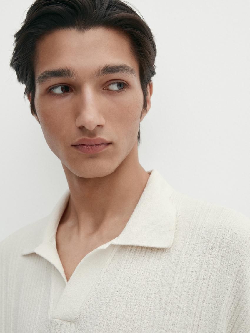 Massimo Dutti Short Sleeve Ribbed Knit Men Polo Shirt Cream | US-ZR1690782