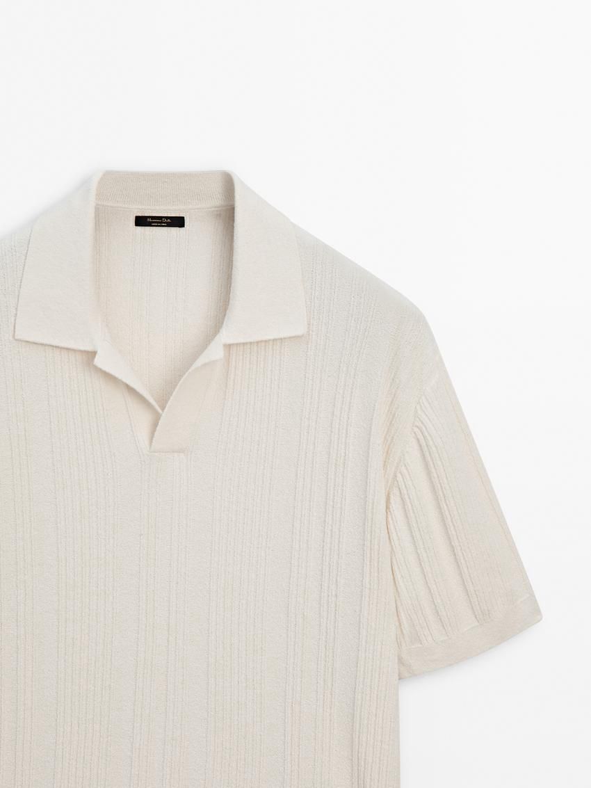 Massimo Dutti Short Sleeve Ribbed Knit Men Polo Shirt Cream | US-ZR1690782