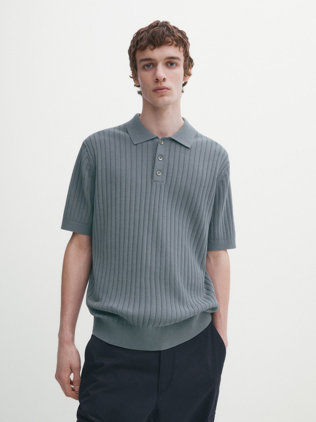 Massimo Dutti Short Sleeve Ribbed Sweater Men Polo Shirt Blue Grey | US-CV9130248
