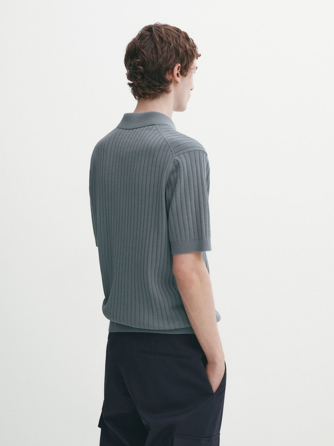 Massimo Dutti Short Sleeve Ribbed Sweater Men Polo Shirt Blue Grey | US-CV9130248