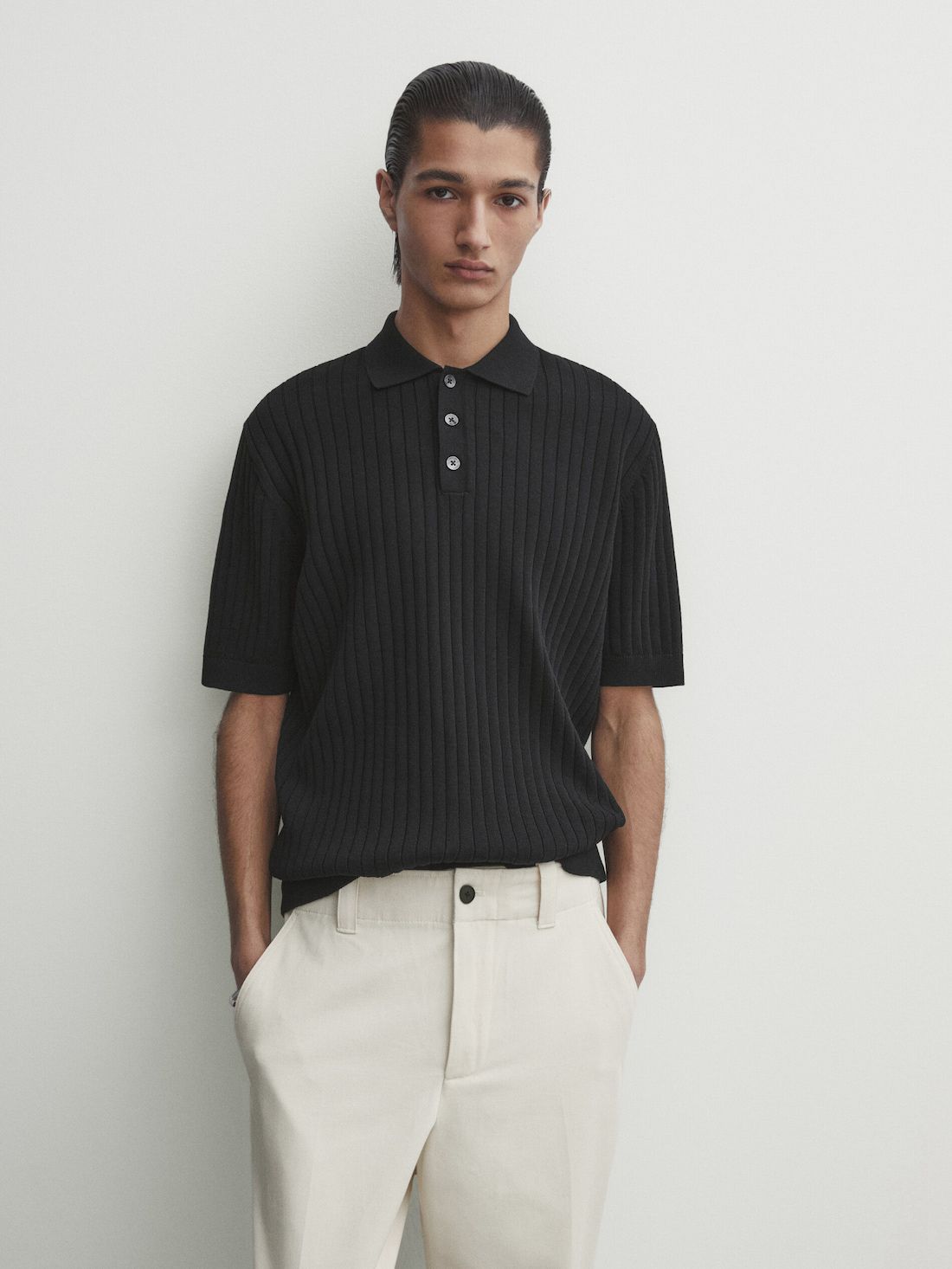 Massimo Dutti Short Sleeve Ribbed Sweater Men Polo Shirt Black | US-DP8510297