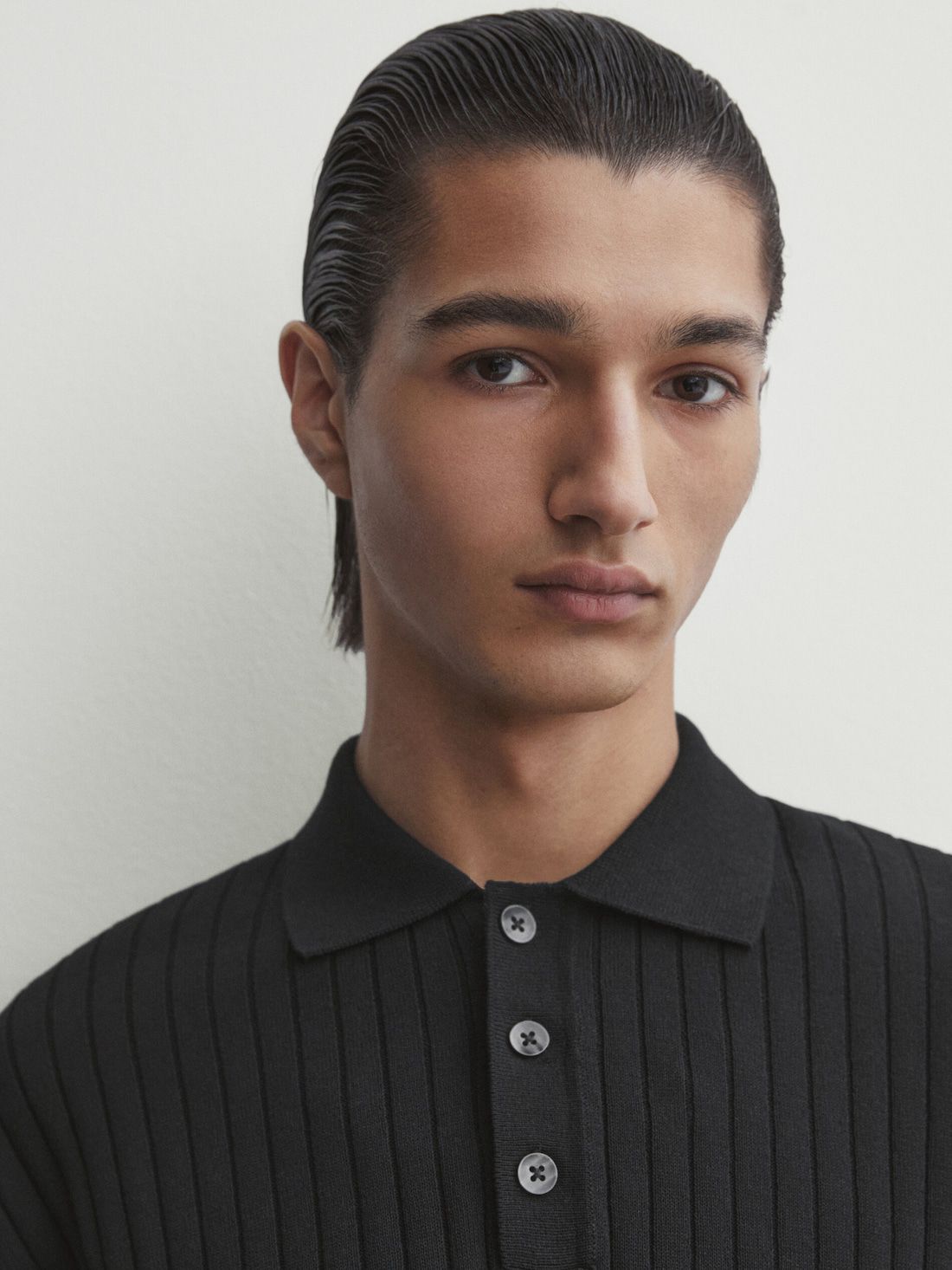 Massimo Dutti Short Sleeve Ribbed Sweater Men Polo Shirt Black | US-DP8510297