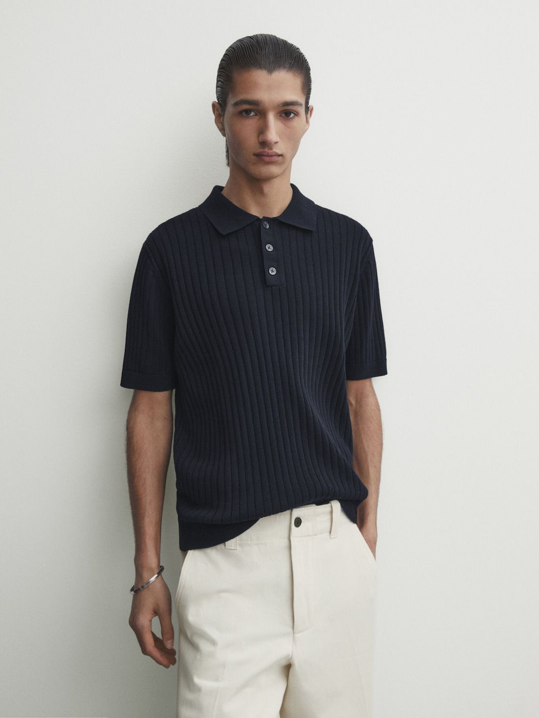 Massimo Dutti Short Sleeve Ribbed Sweater Men Polo Shirt Navy | US-UP5014327