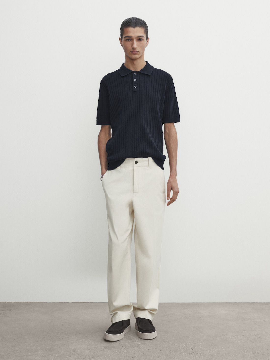 Massimo Dutti Short Sleeve Ribbed Sweater Men Polo Shirt Navy | US-UP5014327