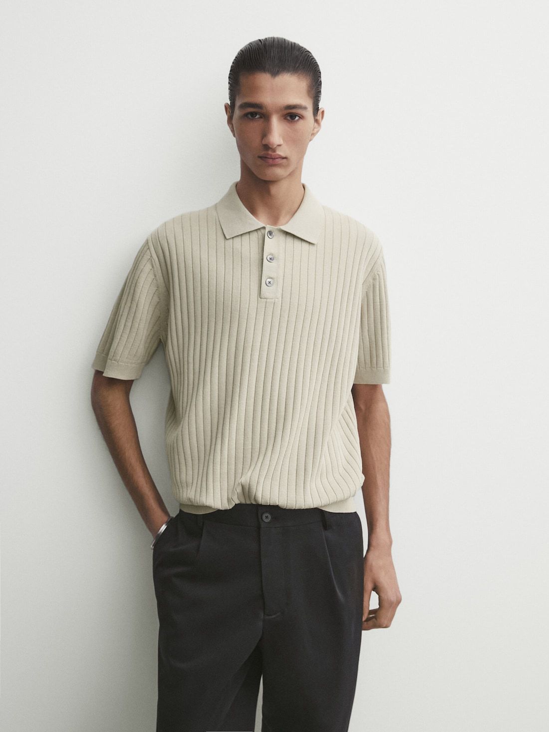 Massimo Dutti Short Sleeve Ribbed Sweater Men Polo Shirt Khaki | US-FO1293084