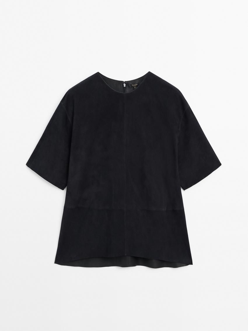 Massimo Dutti Short Sleeve Suede Leather Women Blouse Navy | US-AO9167284