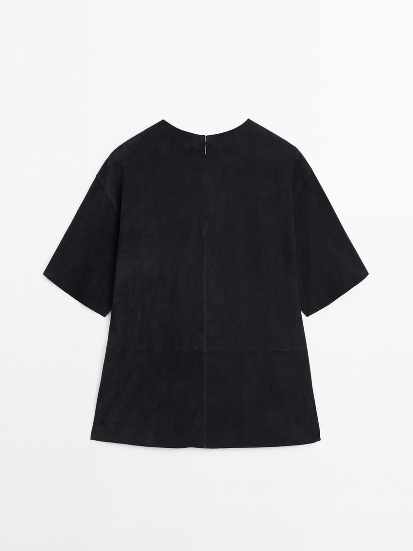 Massimo Dutti Short Sleeve Suede Leather Women Blouse Navy | US-AO9167284