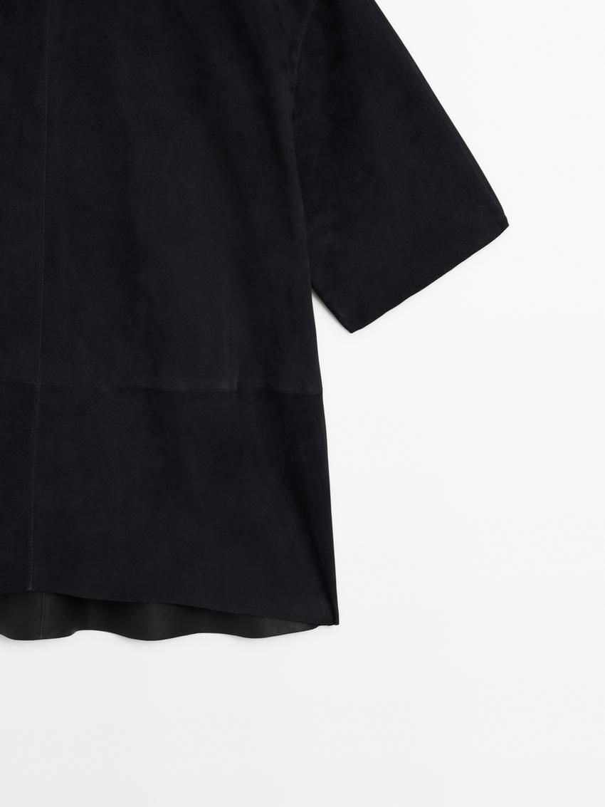 Massimo Dutti Short Sleeve Suede Leather Women Blouse Navy | US-AO9167284
