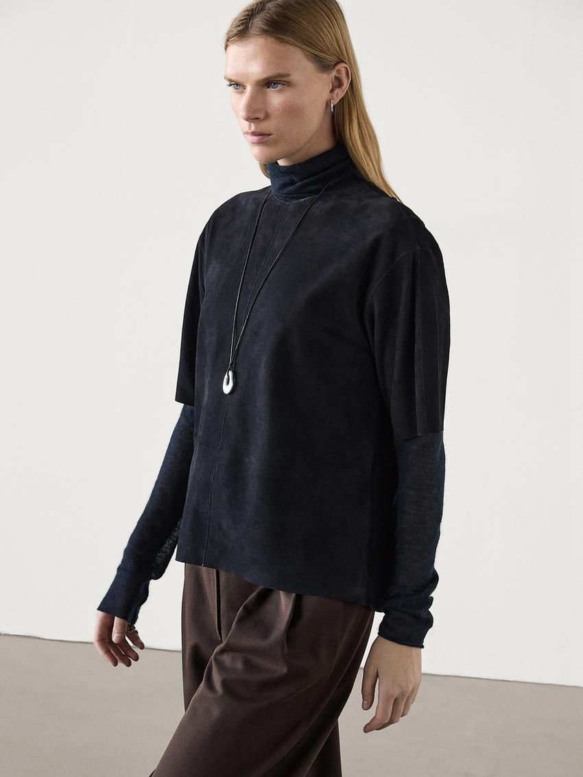 Massimo Dutti Short Sleeve Suede Leather Women Blouse Navy | US-AO9167284