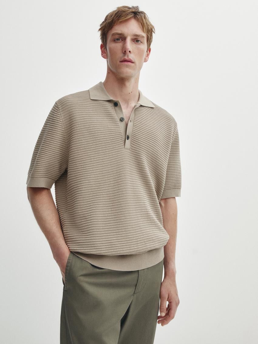 Massimo Dutti Short Sleeve Textured Knit Men Polo Shirt Brown Beige | US-BC6097458