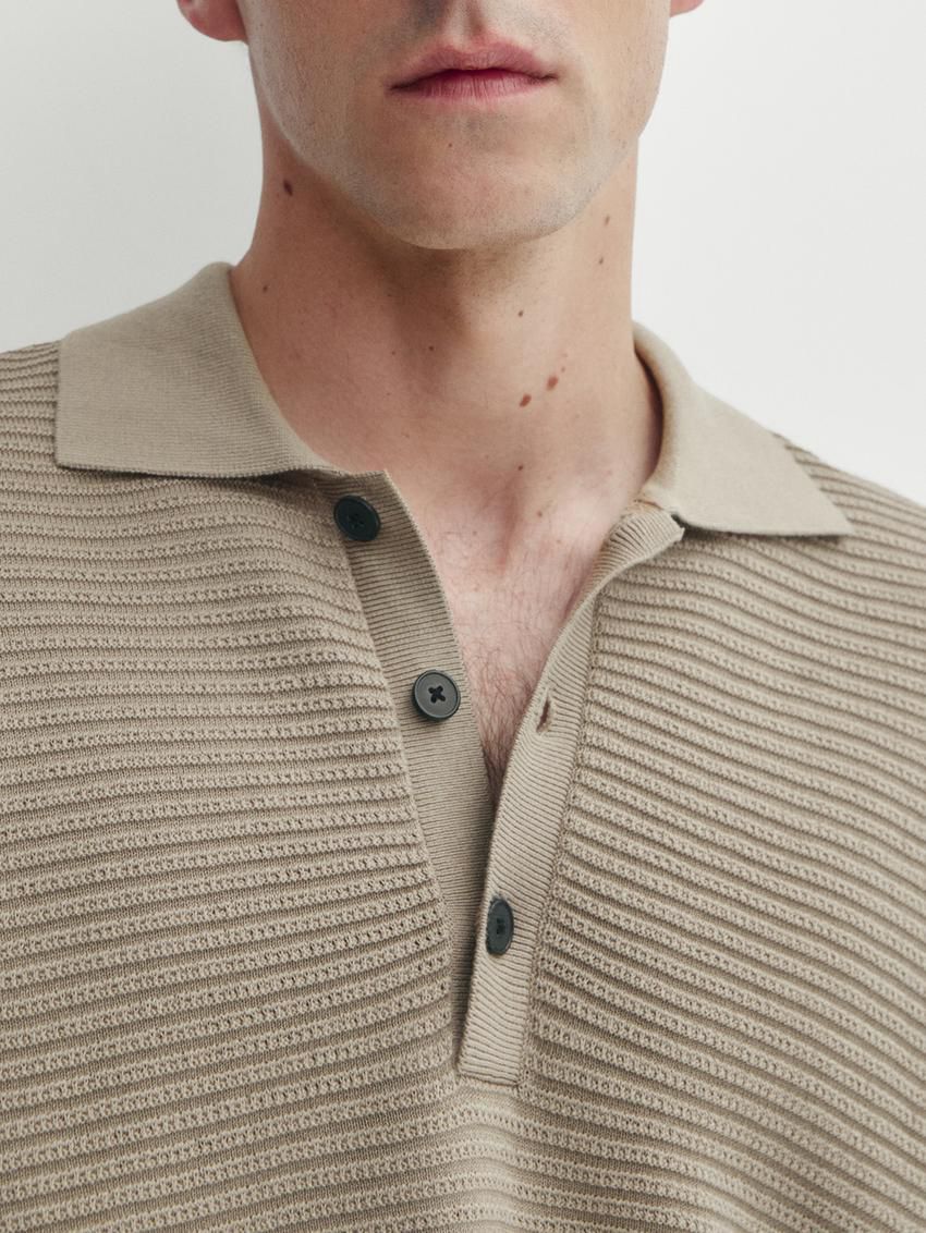 Massimo Dutti Short Sleeve Textured Knit Men Polo Shirt Brown Beige | US-BC6097458