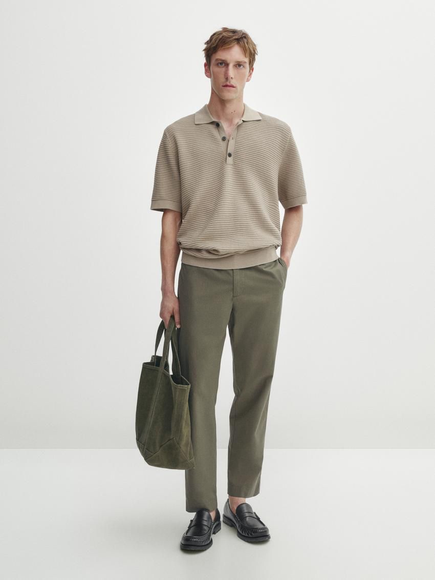 Massimo Dutti Short Sleeve Textured Knit Men Polo Shirt Brown Beige | US-BC6097458
