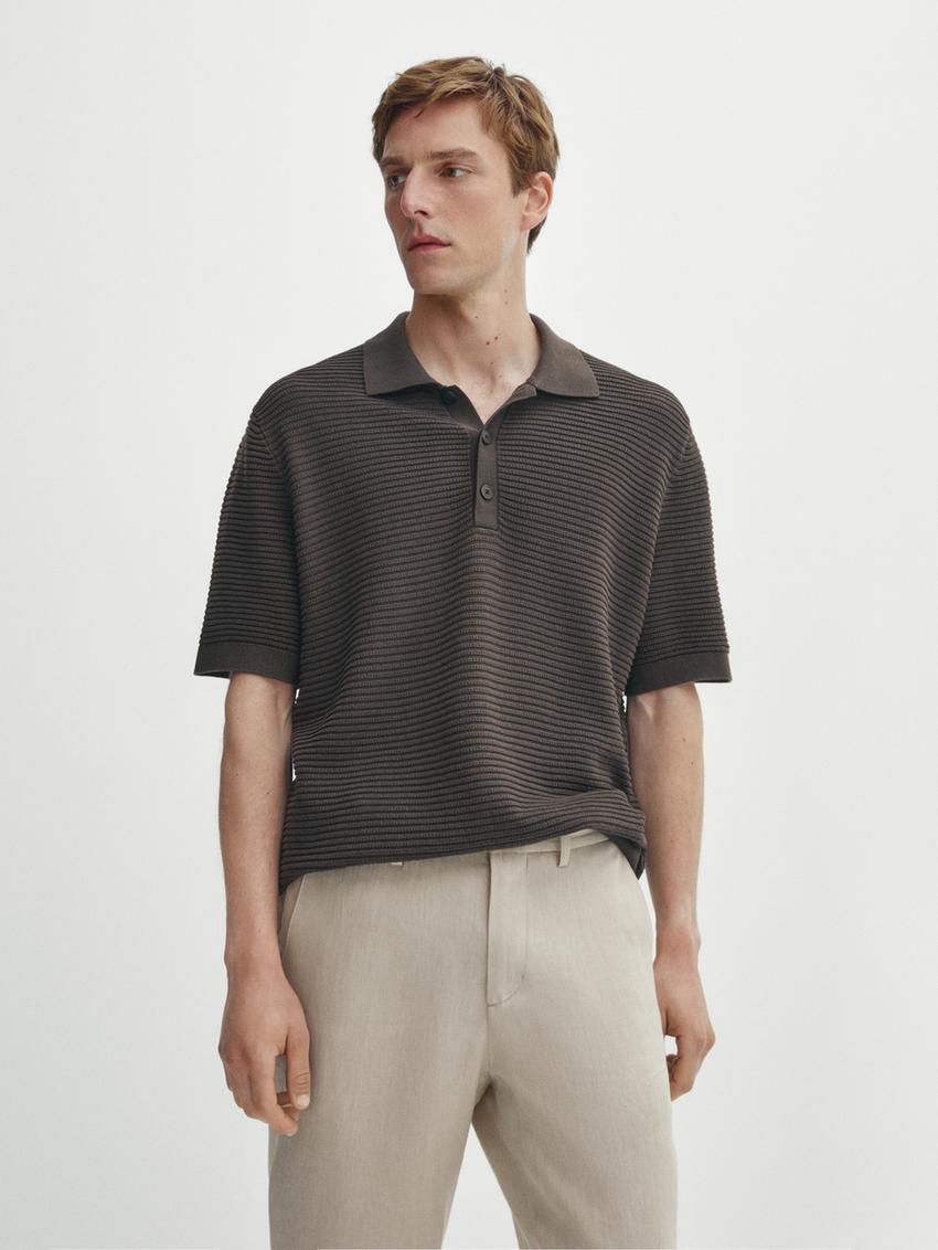 Massimo Dutti Short Sleeve Textured Knit Men Polo Shirt Dark Brown | US-VT3058246