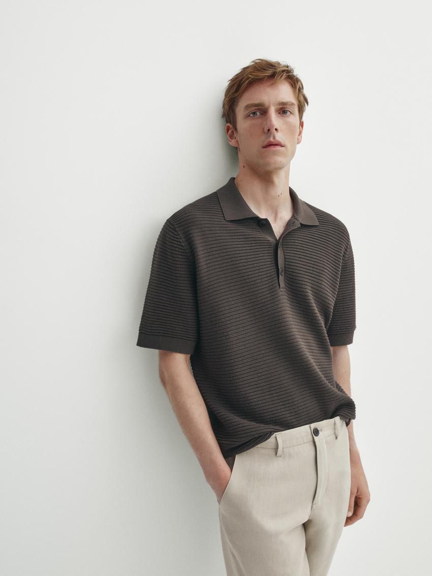 Massimo Dutti Short Sleeve Textured Knit Men Polo Shirt Dark Brown | US-VT3058246