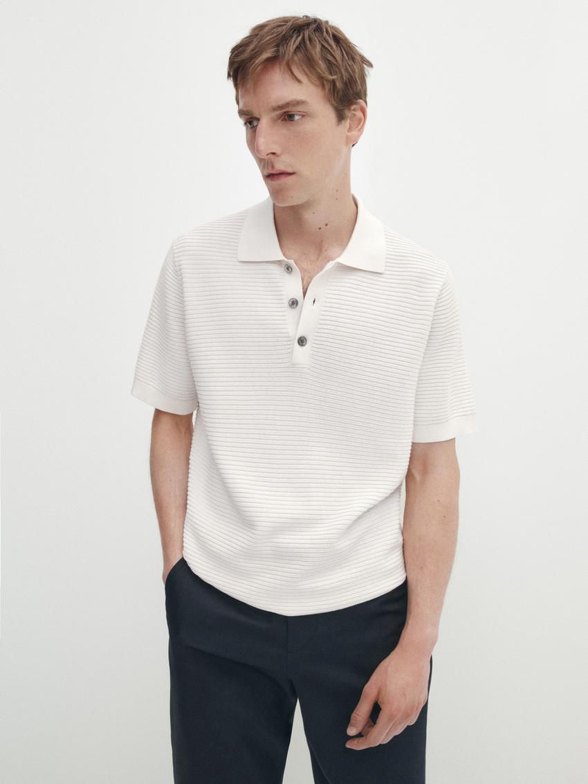 Massimo Dutti Short Sleeve Textured Knit Men Polo Shirt Beige | US-OC3564198