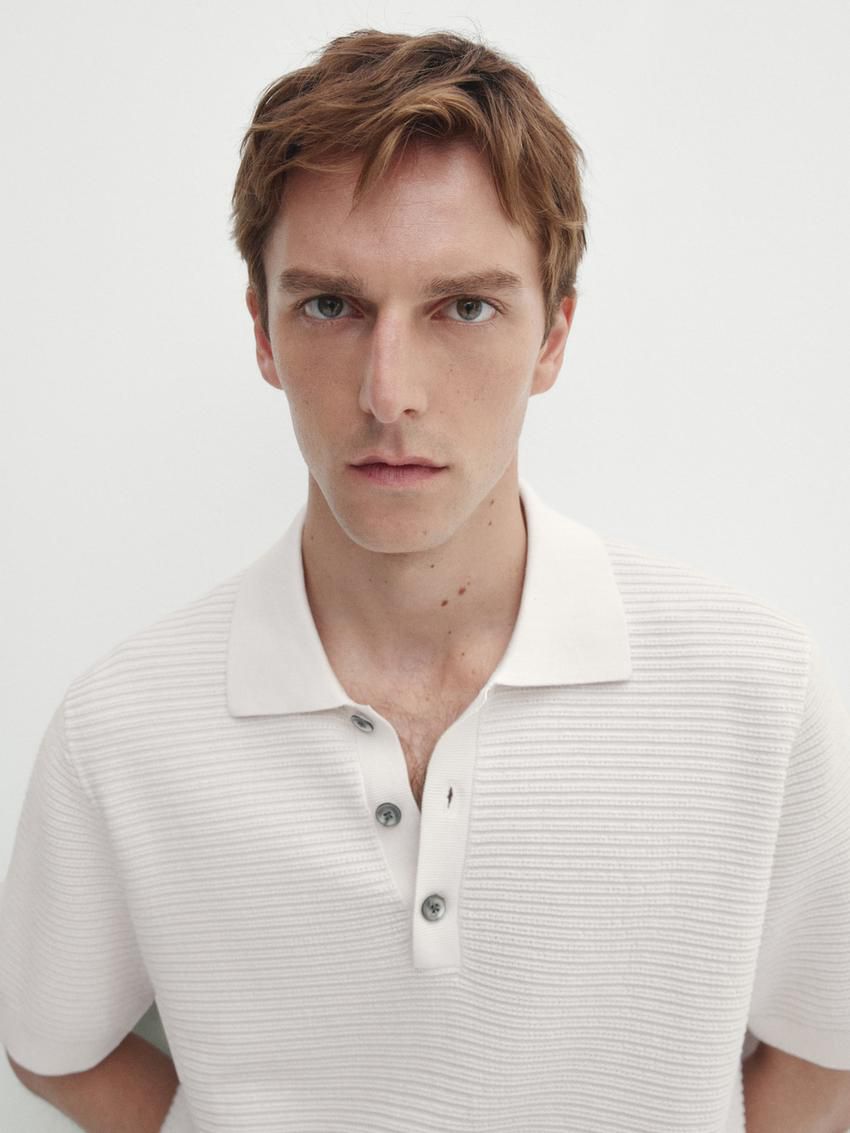 Massimo Dutti Short Sleeve Textured Knit Men Polo Shirt Beige | US-OC3564198