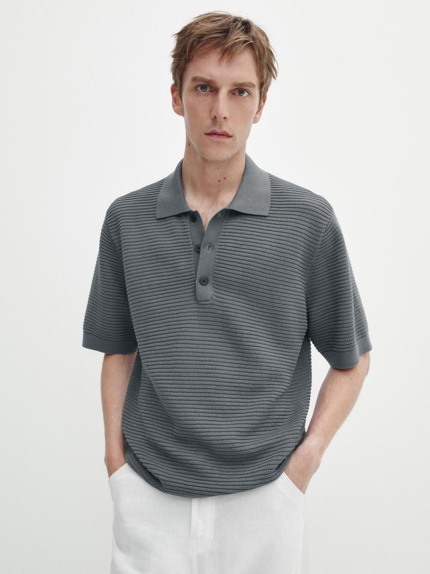Massimo Dutti Short Sleeve Textured Knit Men Polo Shirt Grey | US-DW0824976