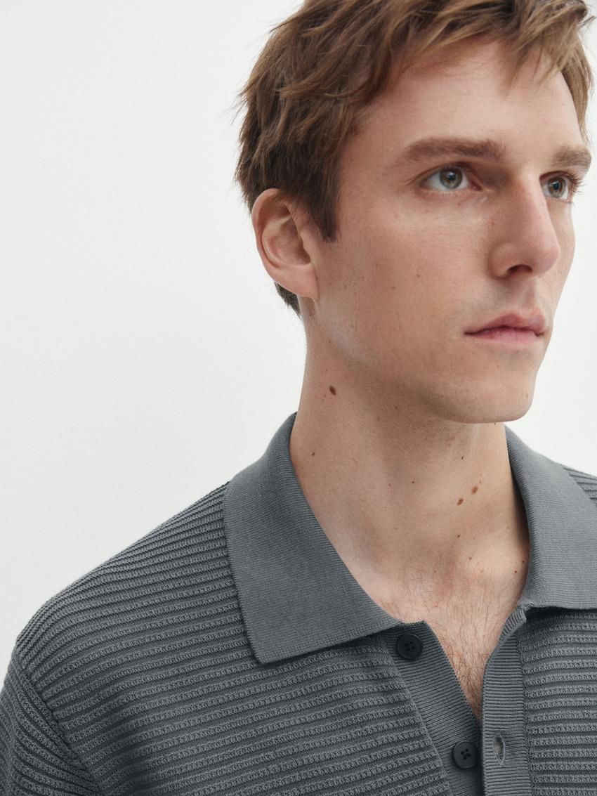 Massimo Dutti Short Sleeve Textured Knit Men Polo Shirt Grey | US-DW0824976