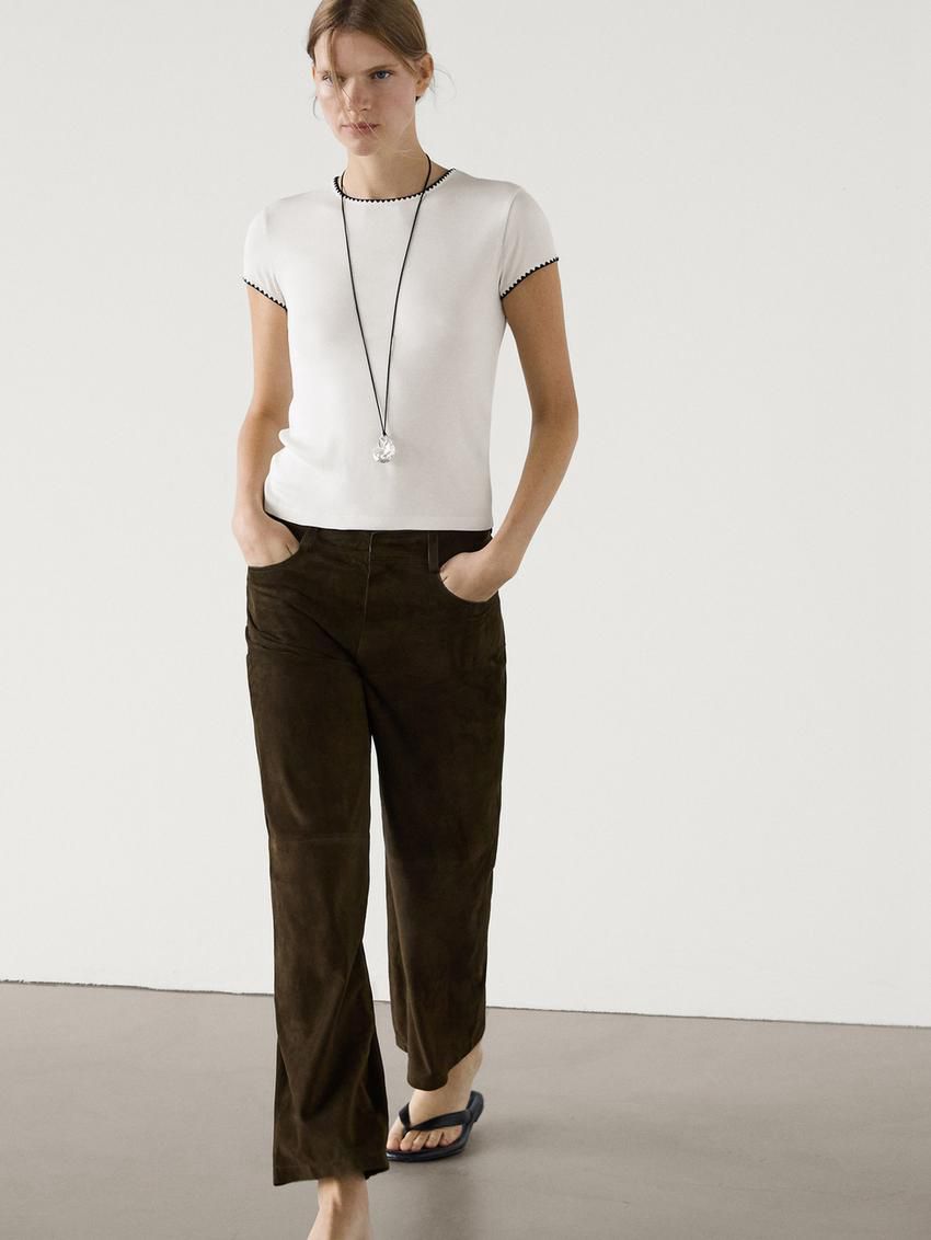 Massimo Dutti Short Sleeve With Contrast Trims Women T-Shirt Cream | US-TW1368075