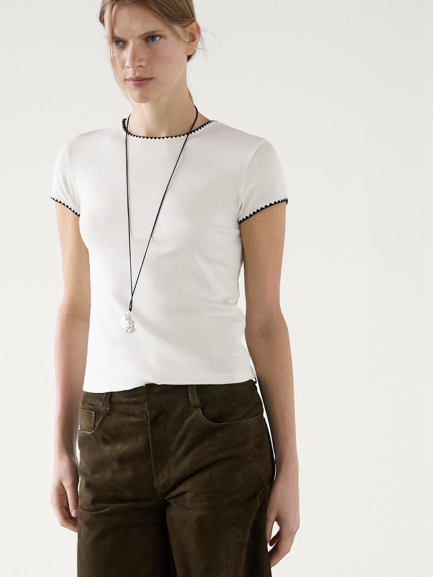 Massimo Dutti Short Sleeve With Contrast Trims Women T-Shirt Cream | US-TW1368075