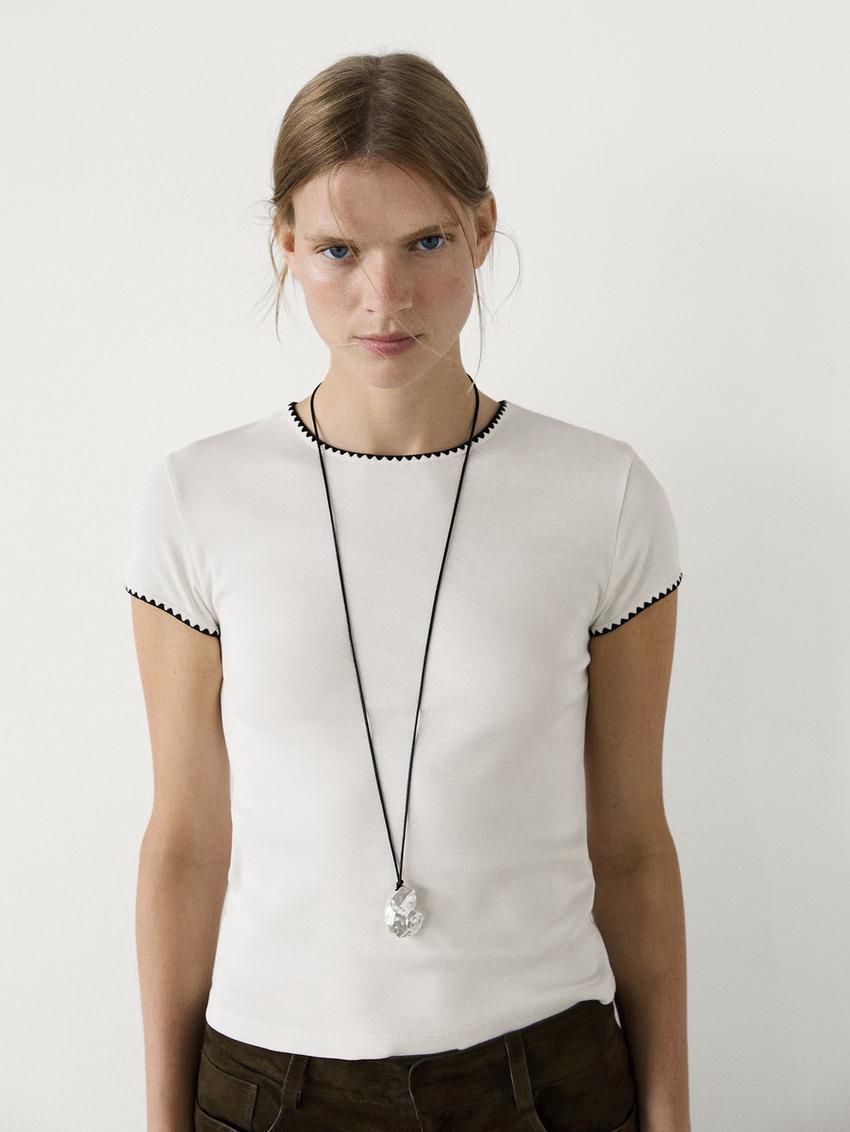 Massimo Dutti Short Sleeve With Contrast Trims Women T-Shirt Cream | US-TW1368075