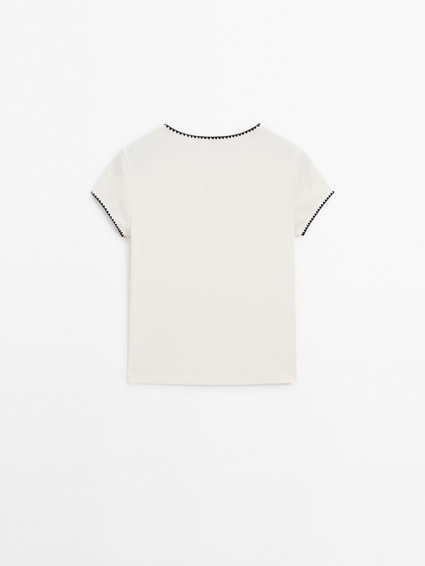 Massimo Dutti Short Sleeve With Contrast Trims Women T-Shirt Cream | US-TW1368075