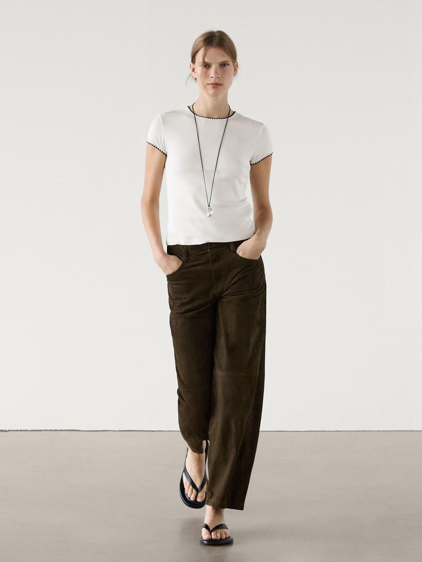 Massimo Dutti Short Sleeve With Contrast Trims Women T-Shirt Cream | US-TW1368075