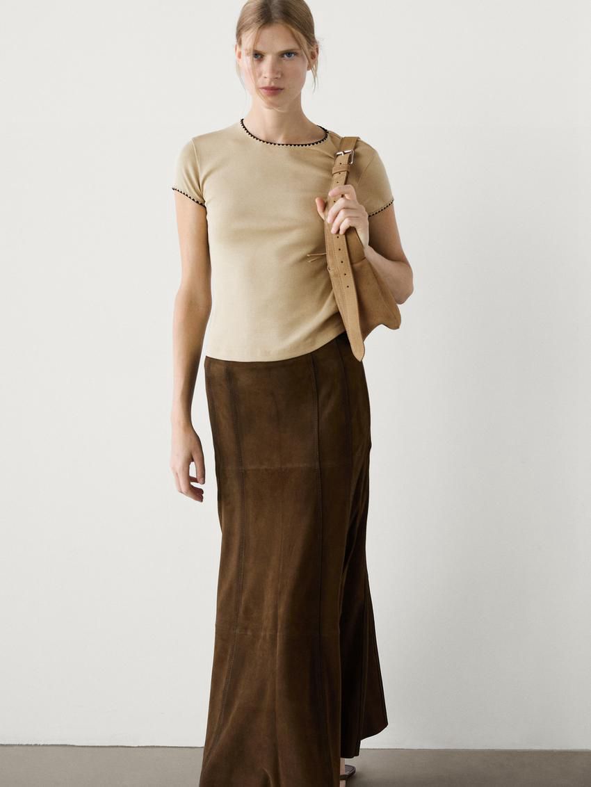 Massimo Dutti Short Sleeve With Contrast Trims Women T-Shirt Khaki | US-GJ2740916