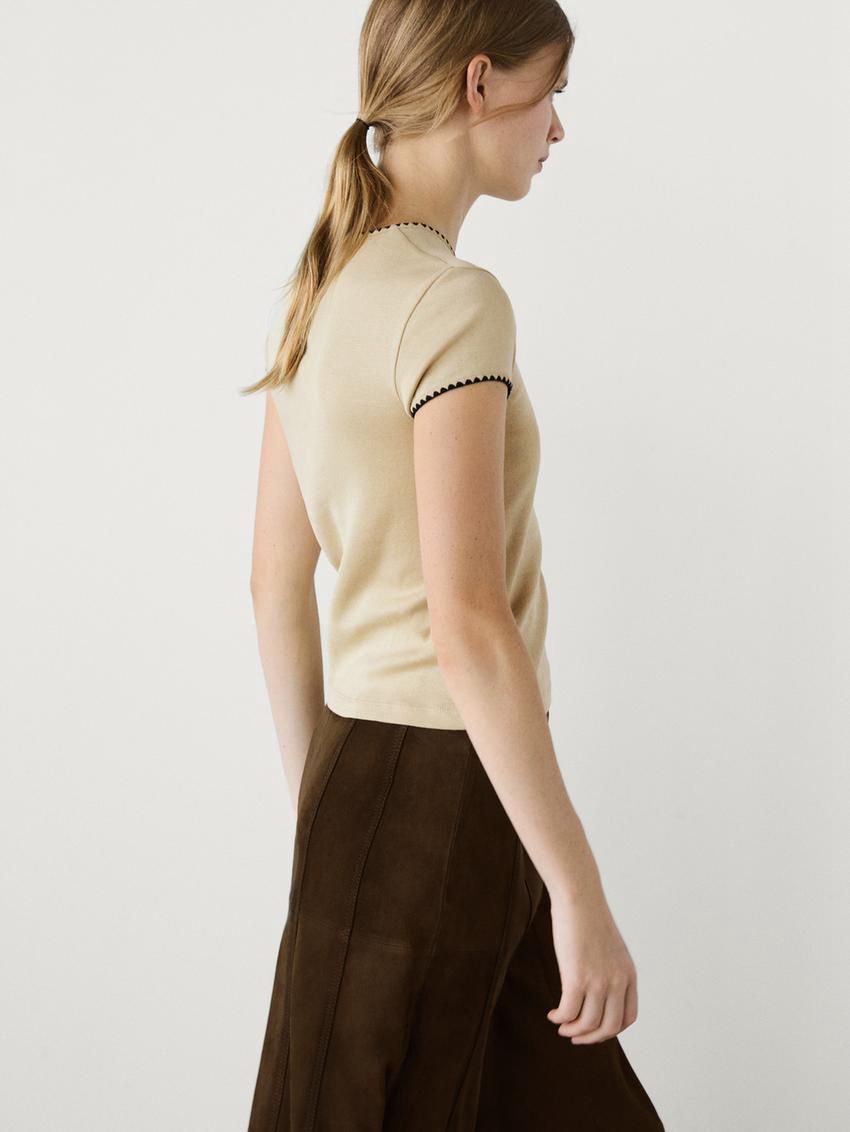 Massimo Dutti Short Sleeve With Contrast Trims Women T-Shirt Khaki | US-GJ2740916
