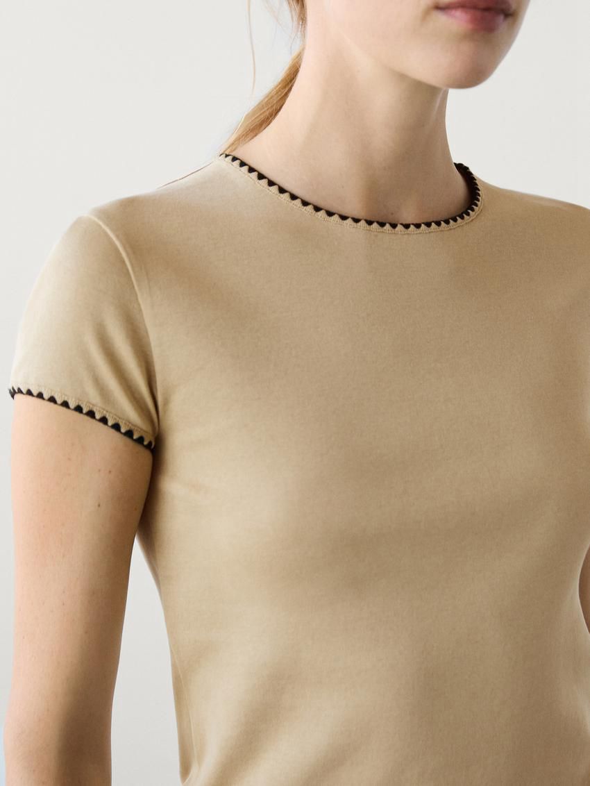 Massimo Dutti Short Sleeve With Contrast Trims Women T-Shirt Khaki | US-GJ2740916
