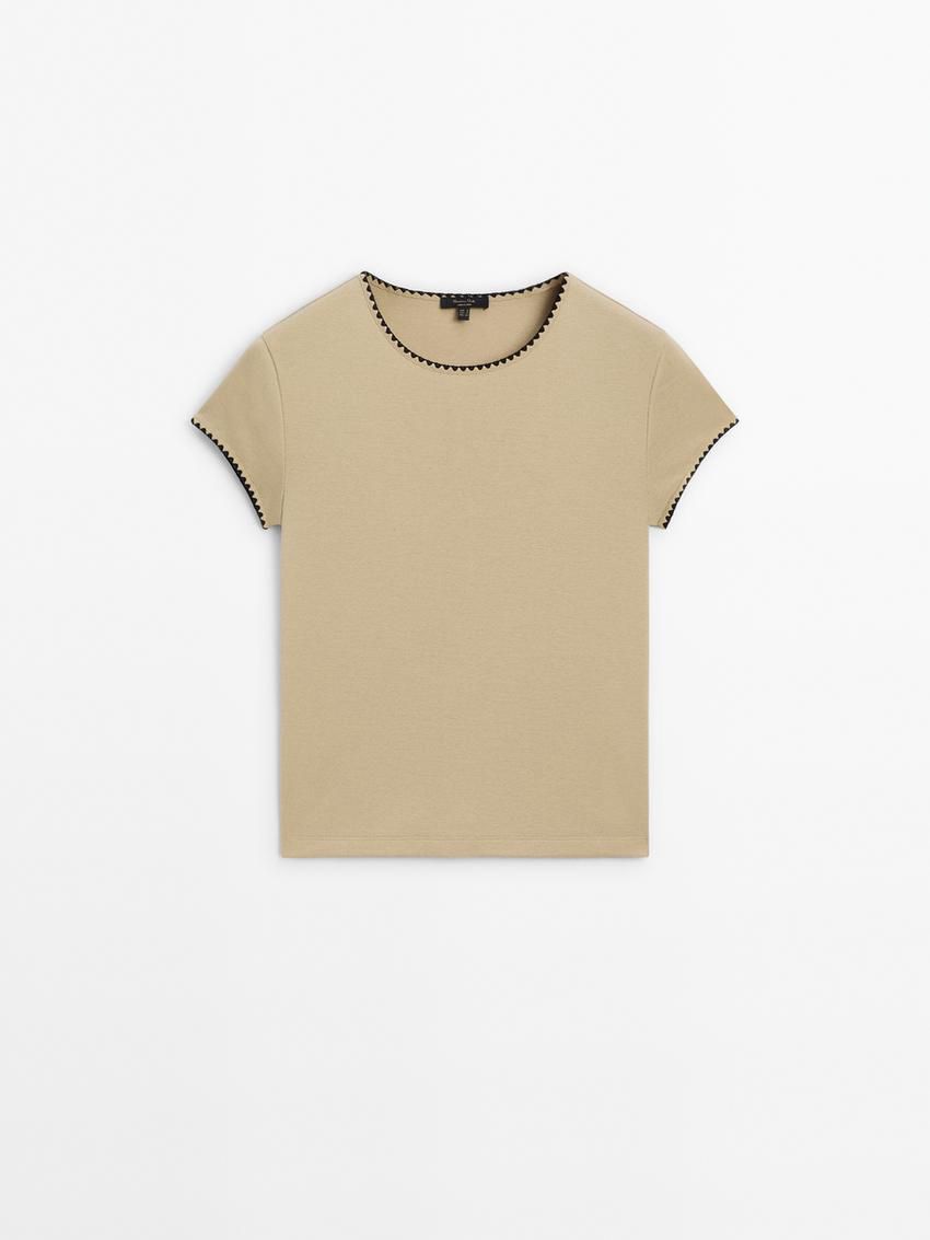 Massimo Dutti Short Sleeve With Contrast Trims Women T-Shirt Khaki | US-GJ2740916
