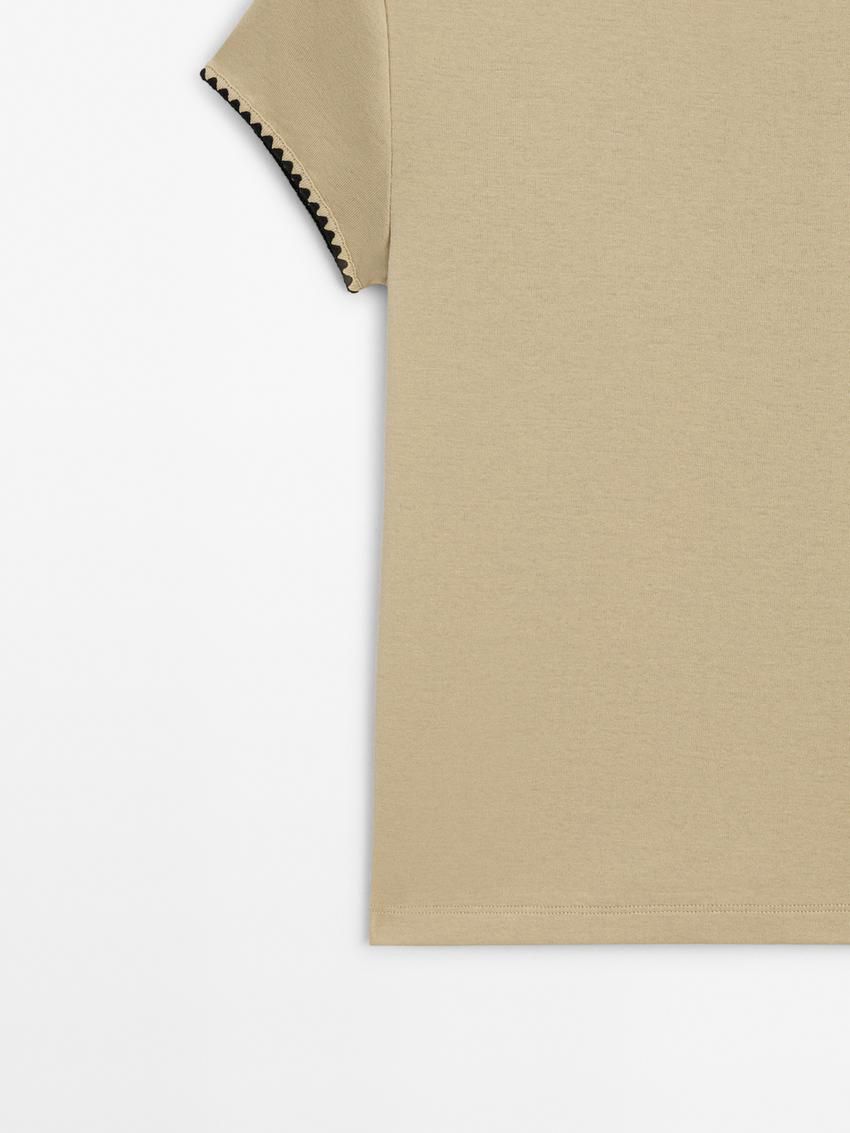 Massimo Dutti Short Sleeve With Contrast Trims Women T-Shirt Khaki | US-GJ2740916