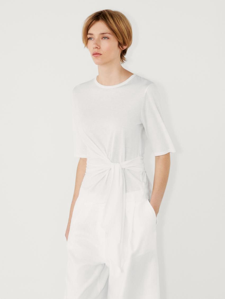 Massimo Dutti Short Sleeve With Tie Detail Women T-Shirt White | US-GX8502379