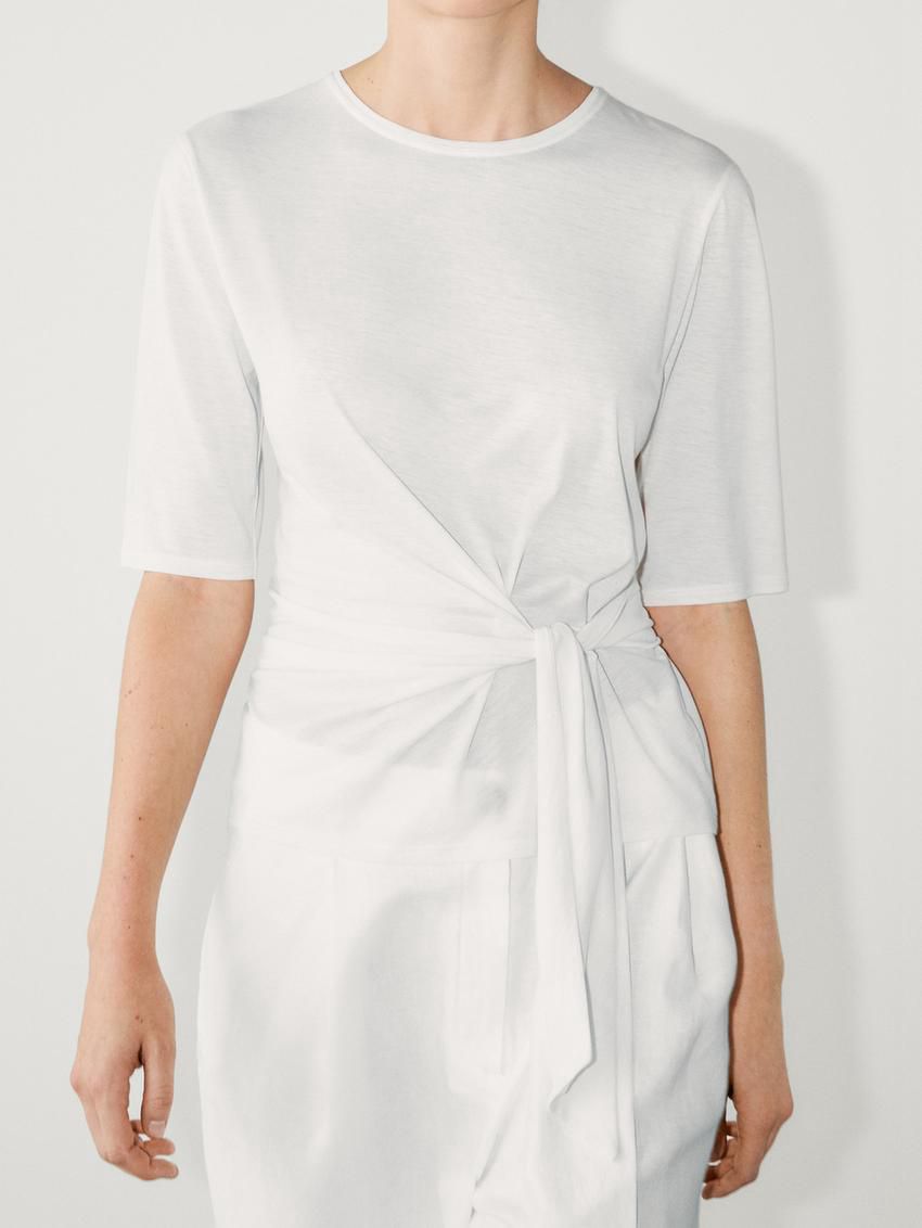 Massimo Dutti Short Sleeve With Tie Detail Women T-Shirt White | US-GX8502379