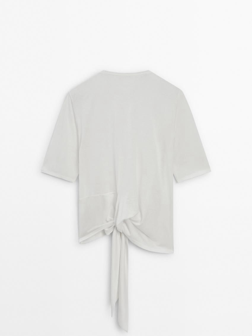 Massimo Dutti Short Sleeve With Tie Detail Women T-Shirt White | US-GX8502379