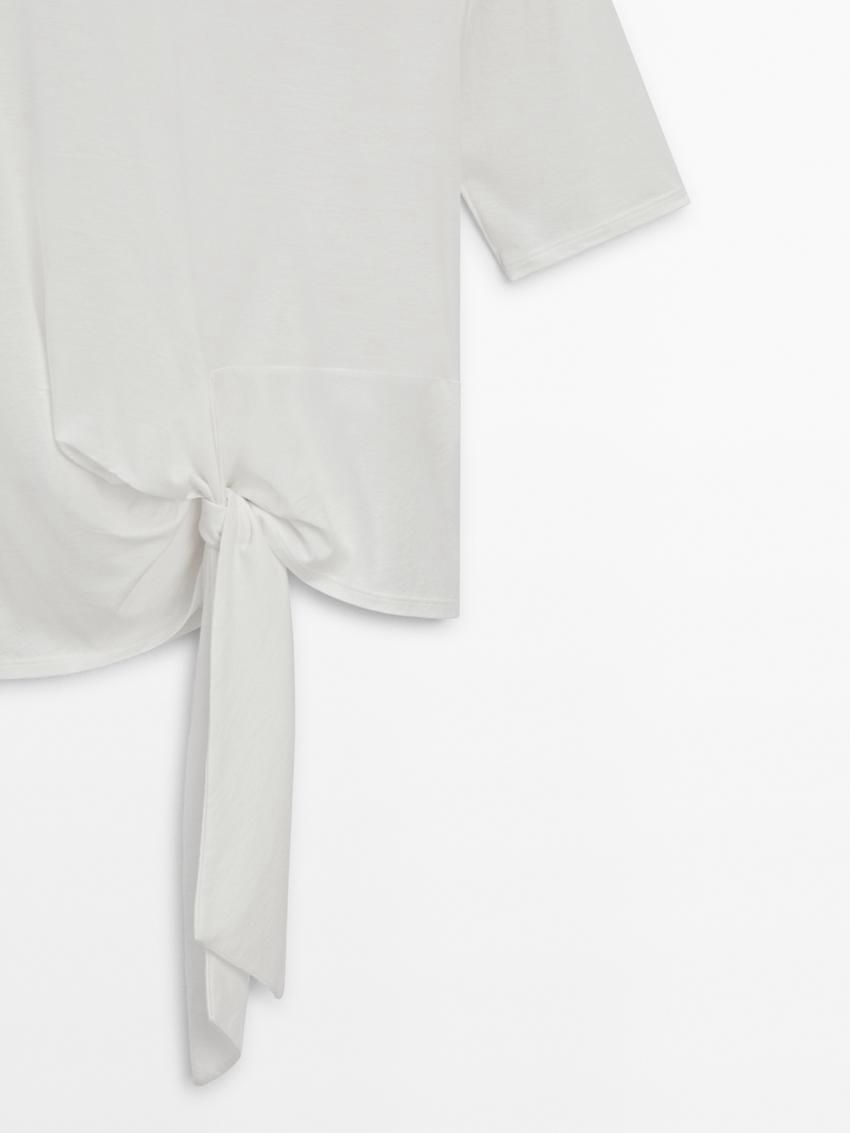 Massimo Dutti Short Sleeve With Tie Detail Women T-Shirt White | US-GX8502379