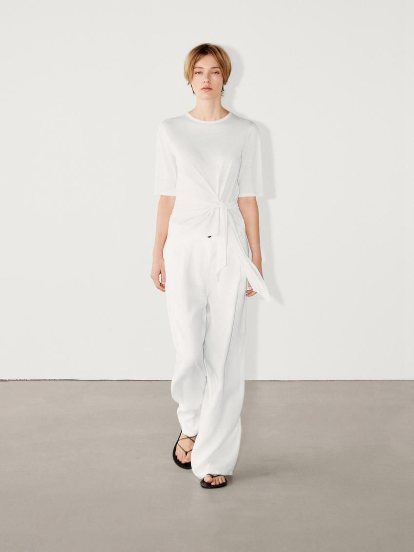 Massimo Dutti Short Sleeve With Tie Detail Women T-Shirt White | US-GX8502379