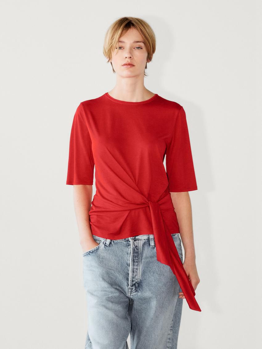 Massimo Dutti Short Sleeve With Tie Detail Women T-Shirt Red | US-OP0469318