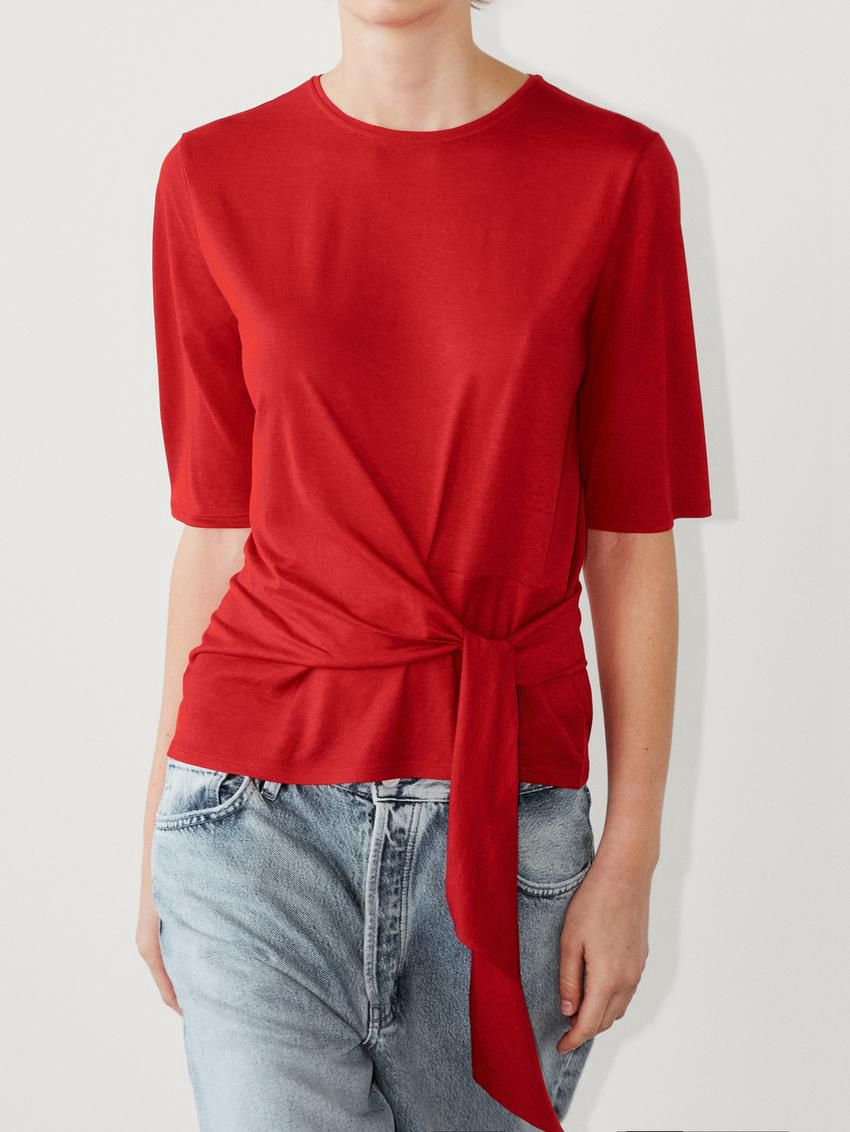 Massimo Dutti Short Sleeve With Tie Detail Women T-Shirt Red | US-OP0469318